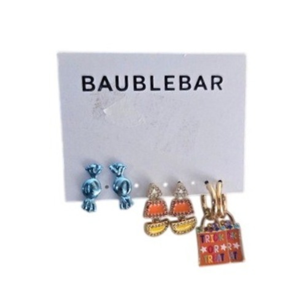 BaubleBar Halloween Earring Set 3 Pairs Candy Corn Trick or Treat Bag Blue Candy
